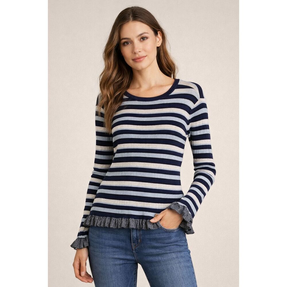 Elle Womens Sz L‎ Blue Gray Striped Ribbed Knit Top Long Sleeve Ruffle Blouse E
